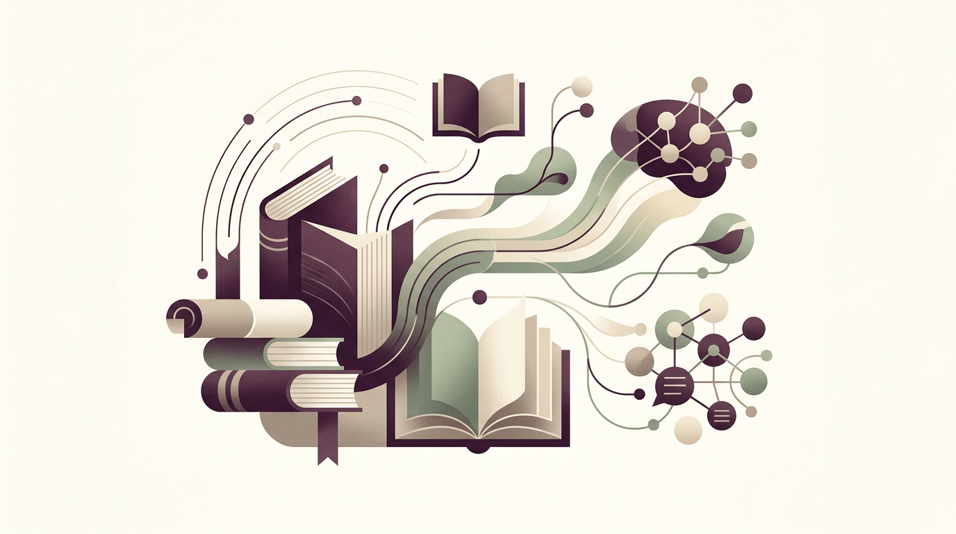 Open books surrounded by flowing lines and connected knowledge symbols